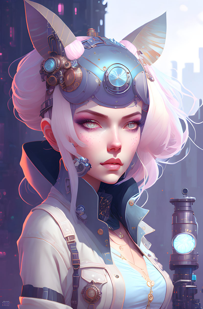 Digital artwork: Female character with cat ears and futuristic goggles in pale colors on cityscape.