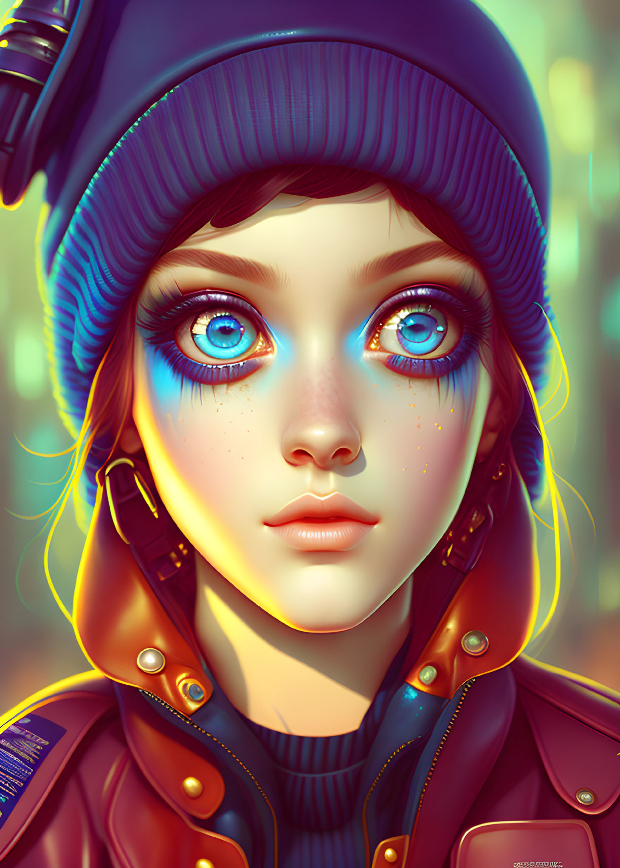 Portrait of a girl with blue eyes in beanie and orange jacket against city lights.