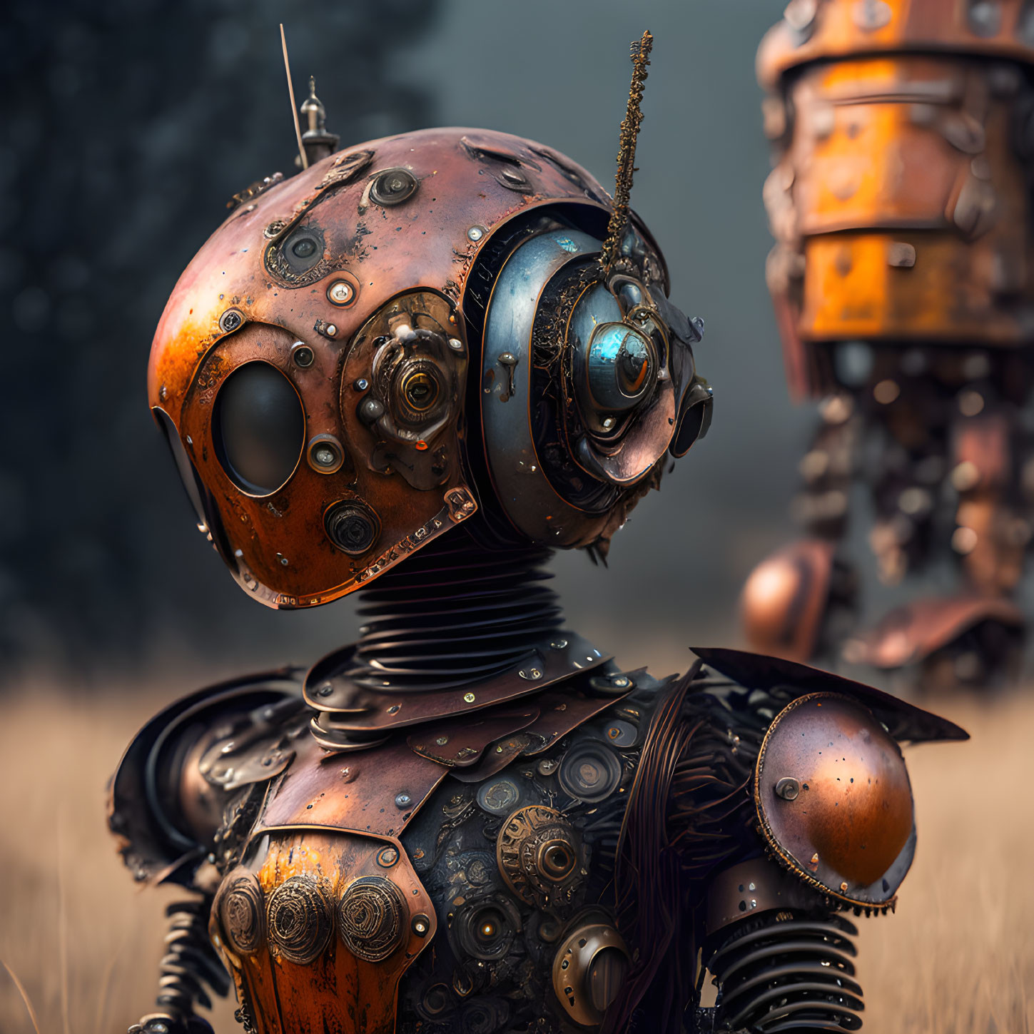 Detailed Rusty Robot with Gears and Bolts in Desolate Setting