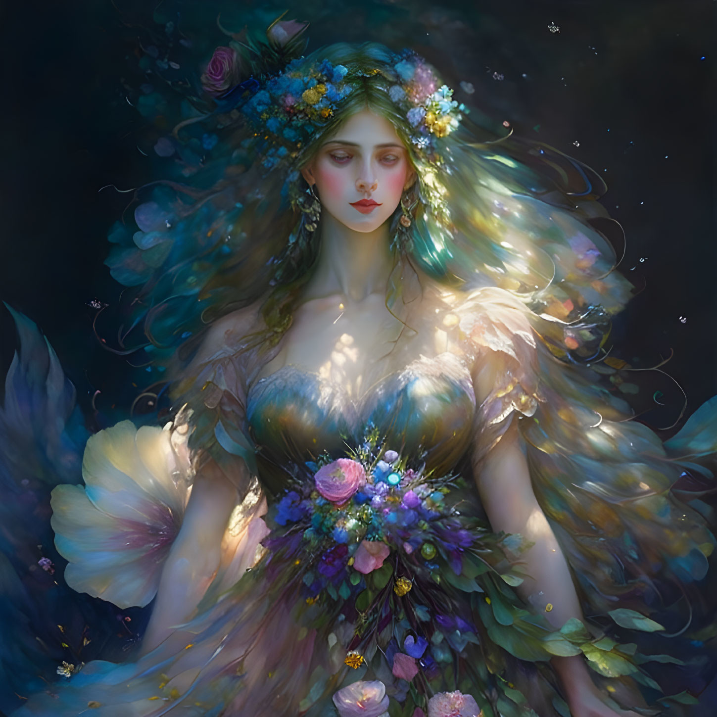 Ethereal woman in floral crown and luminescent dress on dark background