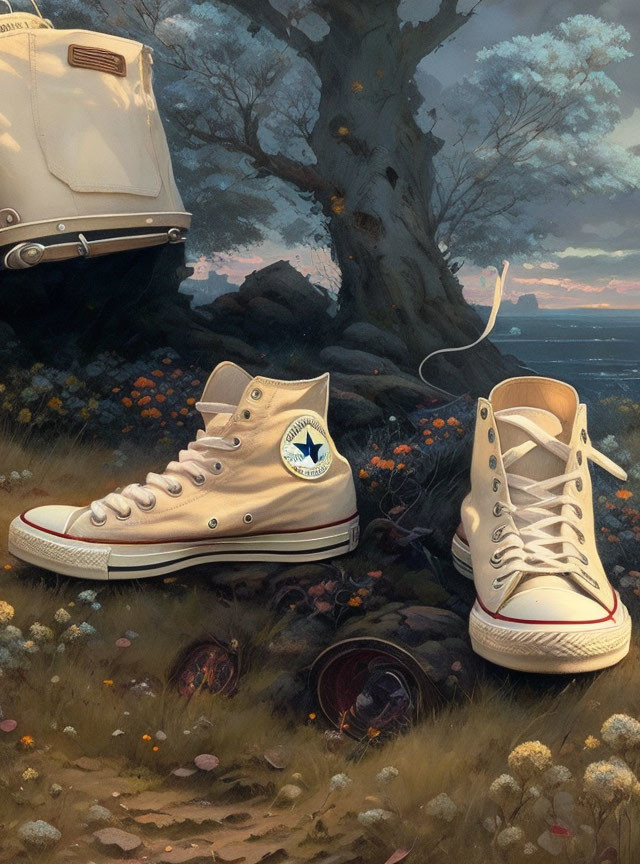 Beige high-top sneakers in serene natural landscape