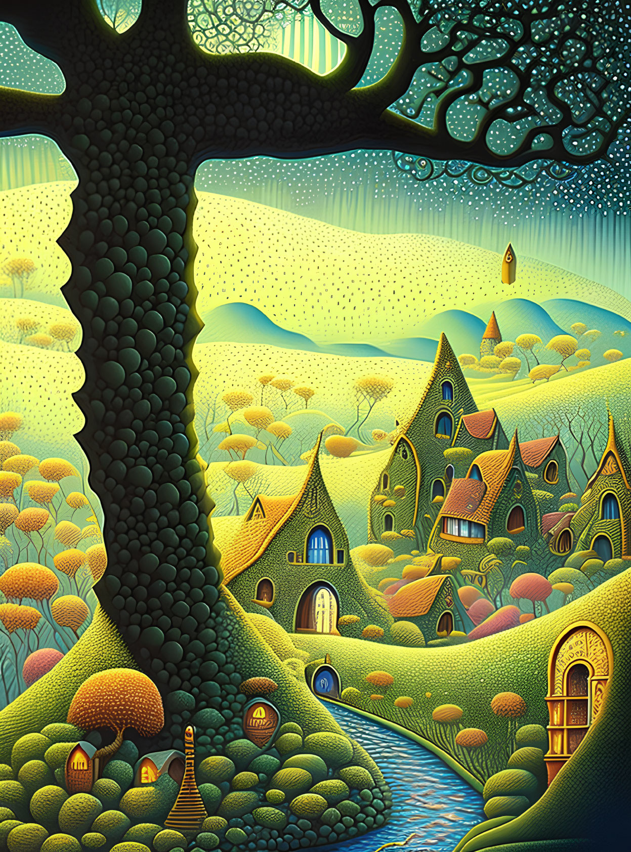 Fantasy landscape with rolling hills, unique trees, and pointed roof houses under a starry sky