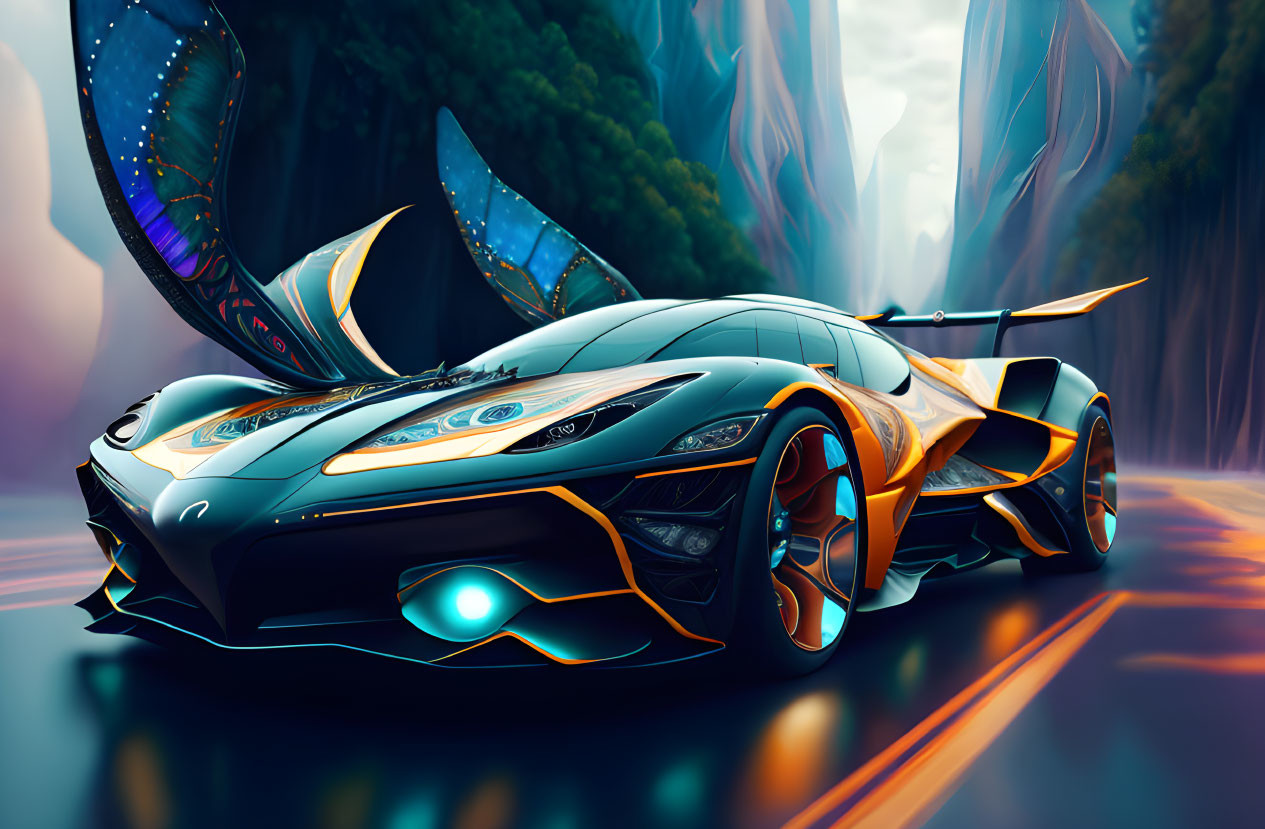 Futuristic sports car with blue and orange accents in mystical forest landscape