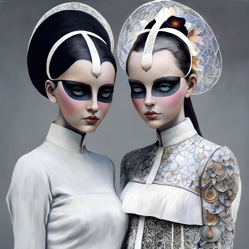 Stylized female figures in unique high-collar outfits and white headpieces