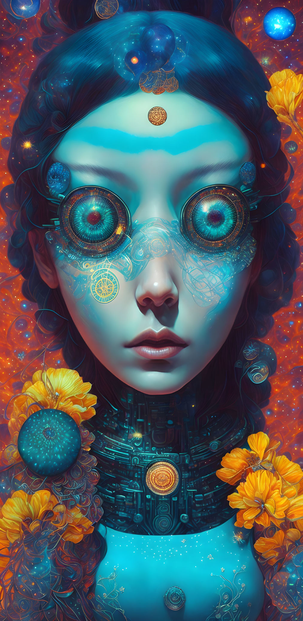 Cosmic-themed female portrait with gear-like patterns and marigold flowers