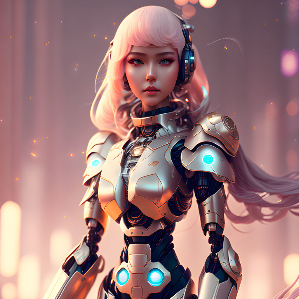 White-Haired Female Android in Advanced Armor with Glowing Blue Elements