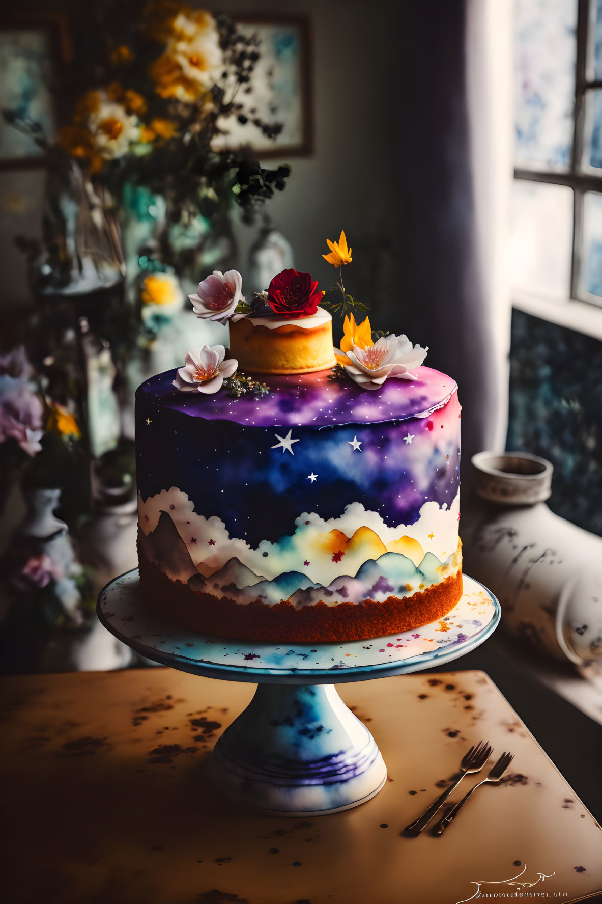 Vibrant galaxy-themed multi-layered cake with cosmic colors and floral decorations