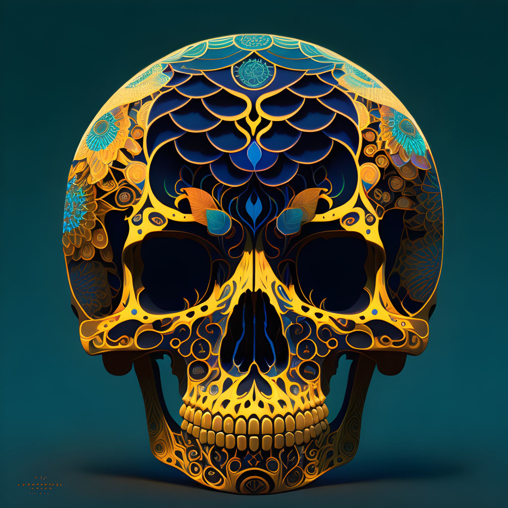 Intricately decorated skull with gold and blue patterns on teal background