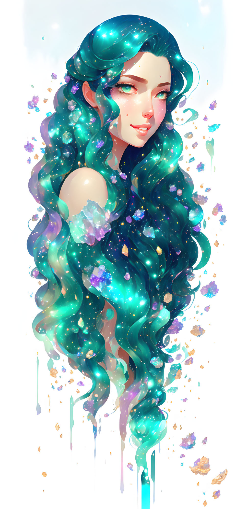 Illustration of woman with teal wavy hair and cosmic elements.