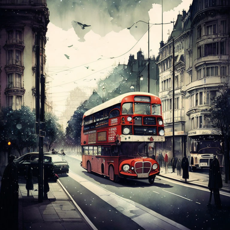 Vintage Red Double-Decker Bus in Sepia-Toned Cityscape