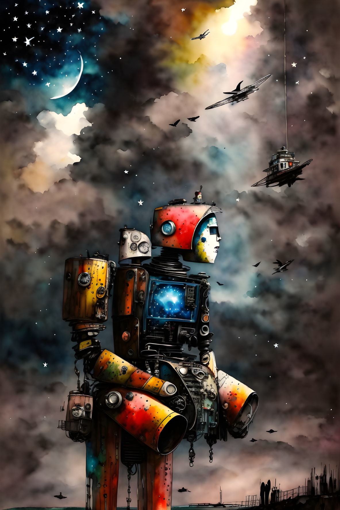 Colorful large robot under night sky with crescent moon, birds, and hovering ship