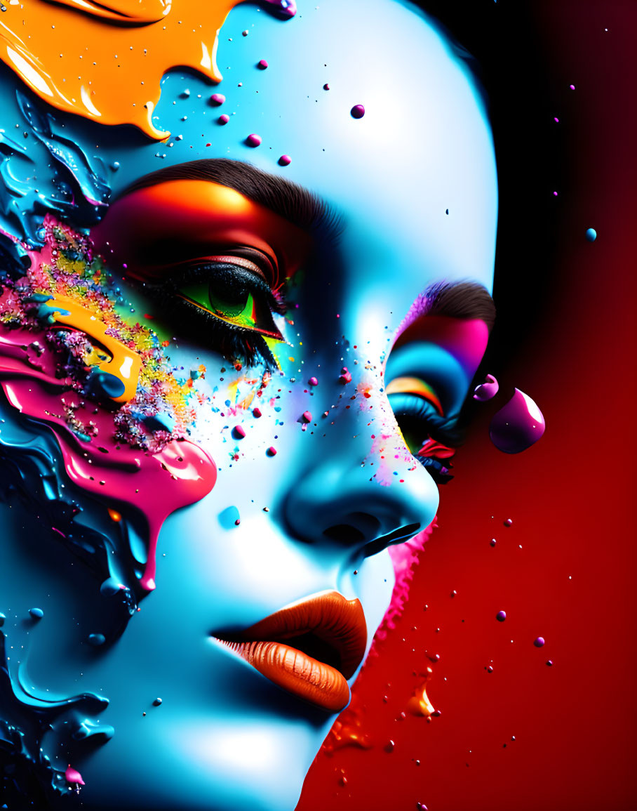 Vibrant digital artwork: Woman's face melting with colorful liquid splashes