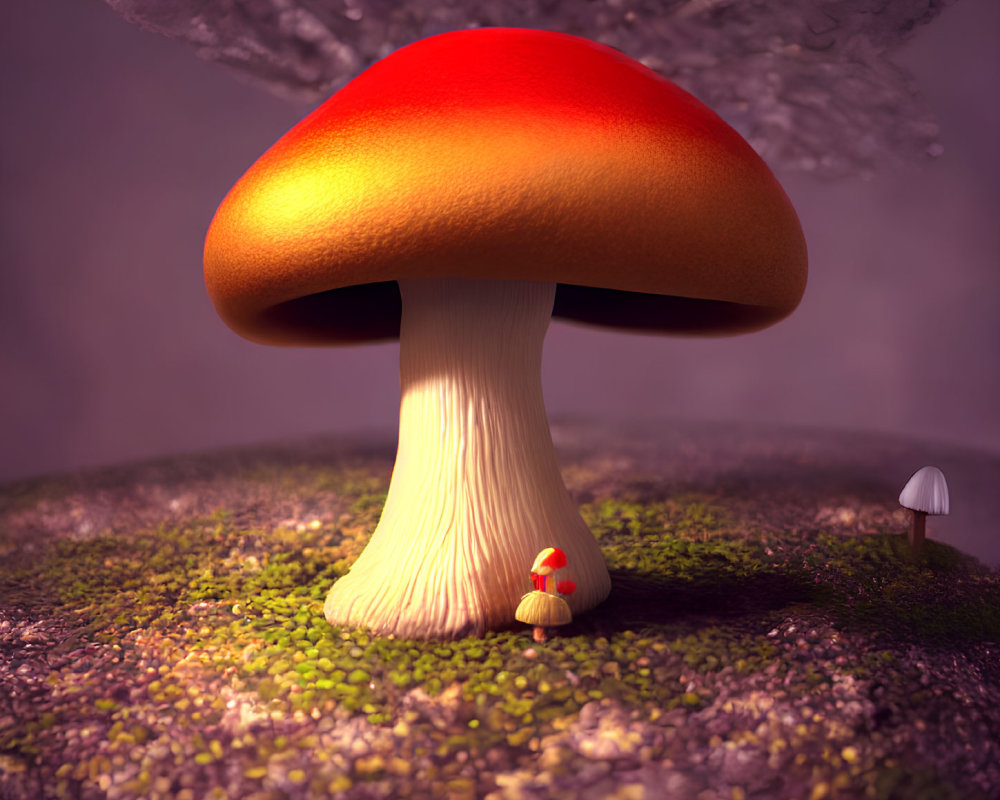 Colorful 3D illustration: Oversized mushroom in miniature mossy landscape