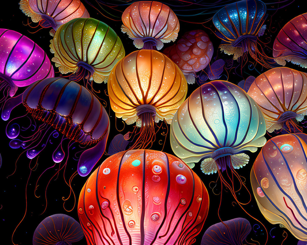 Colorful Jellyfish with Intricate Patterns in Dark Oceanic Setting