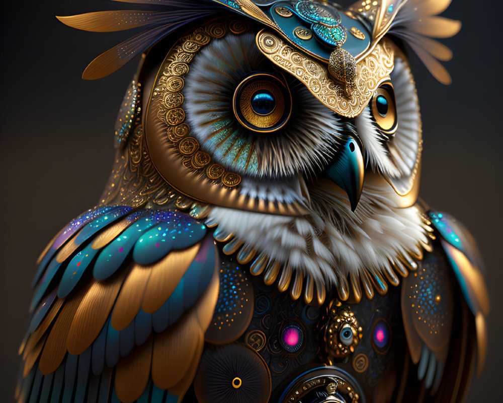 Stylized owl with golden patterns and blue accents