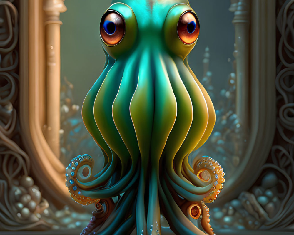 Colorful Anthropomorphic Squid in Front of Golden Frames