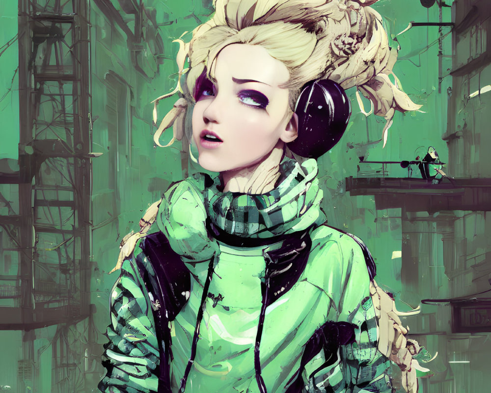 Blond-Haired Woman in Headphones Against Industrial Green Backdrop