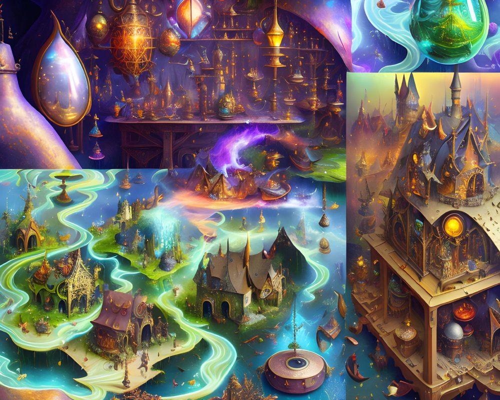 Fantasy Triptych: Magical Workshop, Otherworldly Village, Floating Library