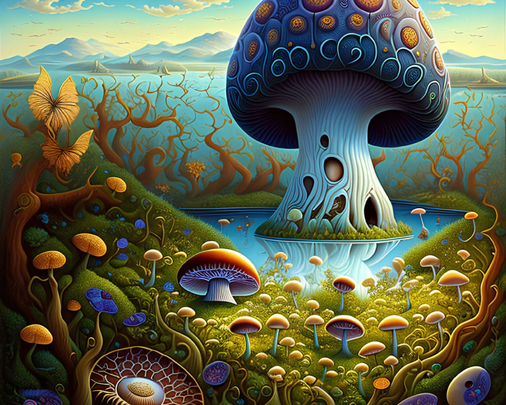 Surreal landscape with oversized mushroom, butterfly, and serene pond