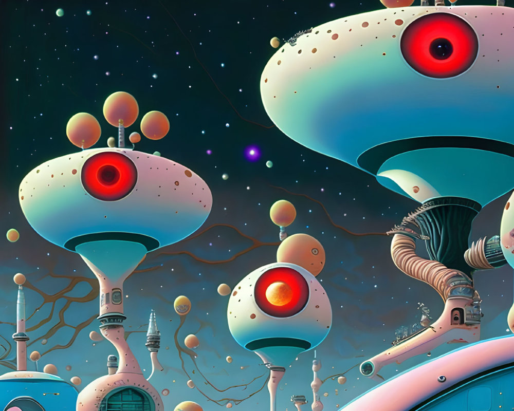 Vibrant alien cityscape with large-eyed structures in starry sky