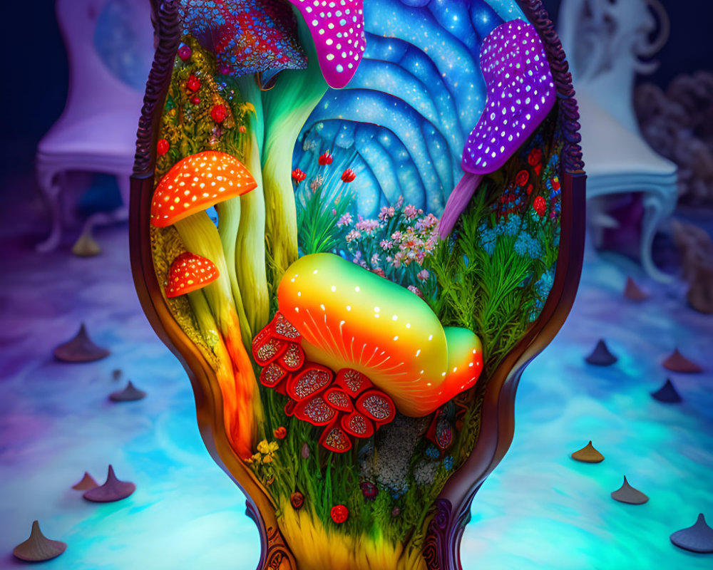 Colorful psychedelic digital art: whimsical clam shell scene