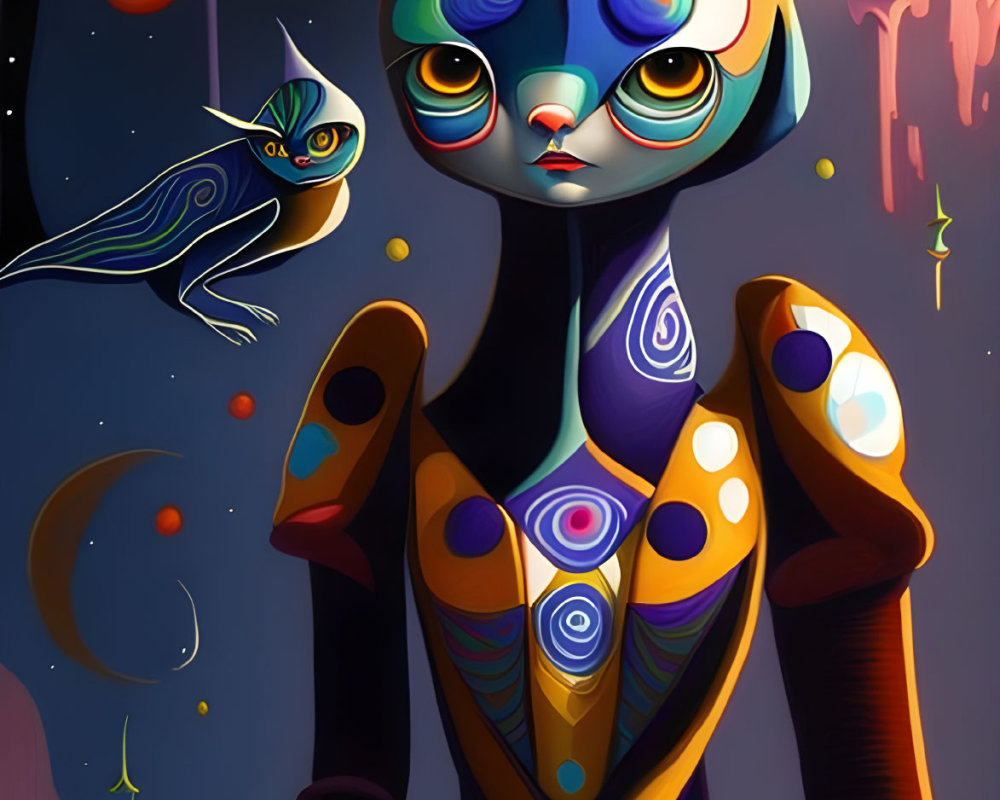 Colorful anthropomorphic feline and chameleon with intricate patterns on cosmic backdrop