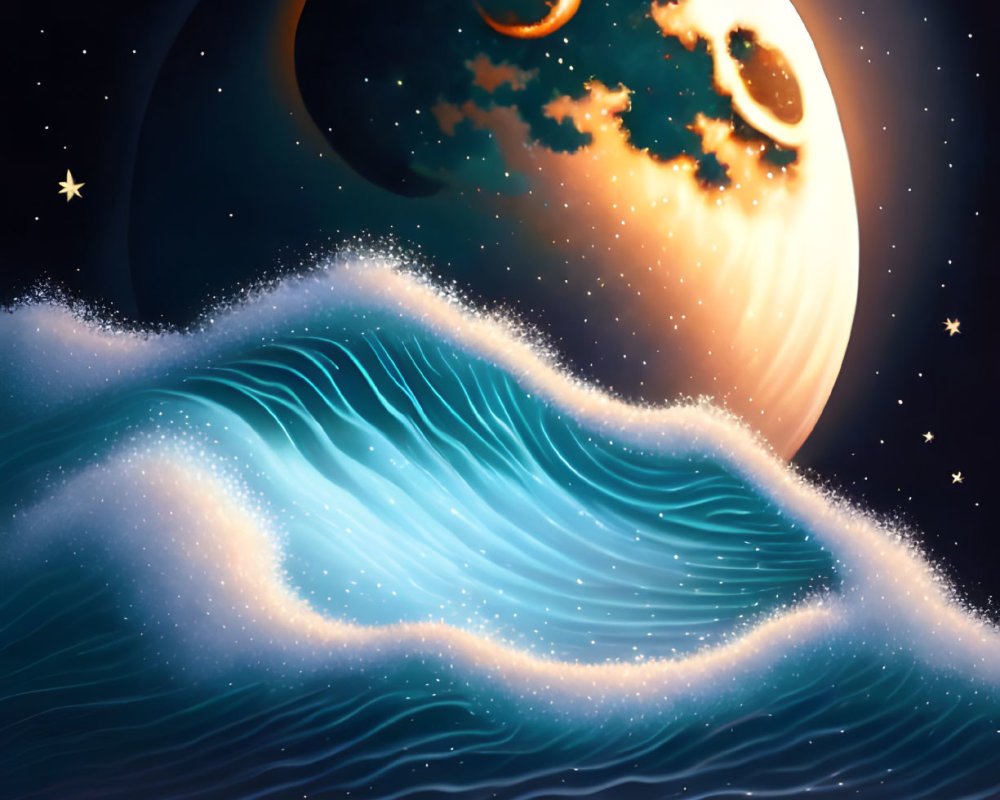 Surreal illustration: large moon, ocean waves, starry night sky