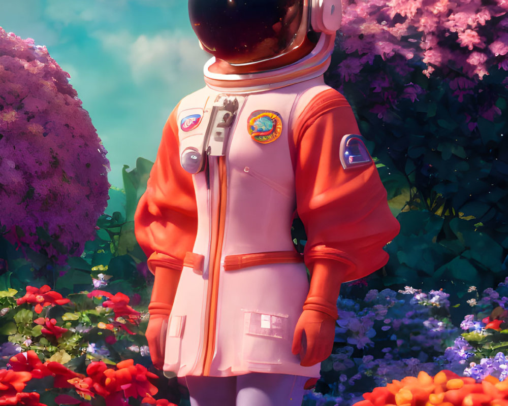 Astronaut in orange suit among pink and purple flowers under blue sky