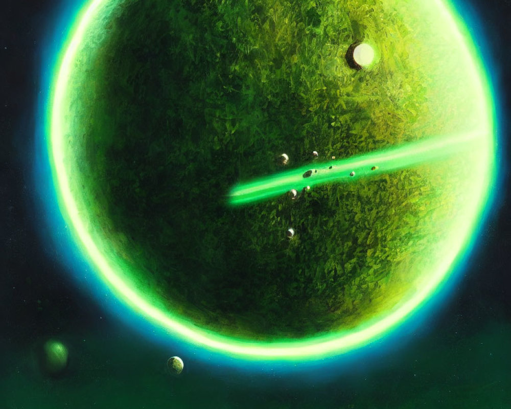 Green planet with glowing aura, satellites, and beam in space