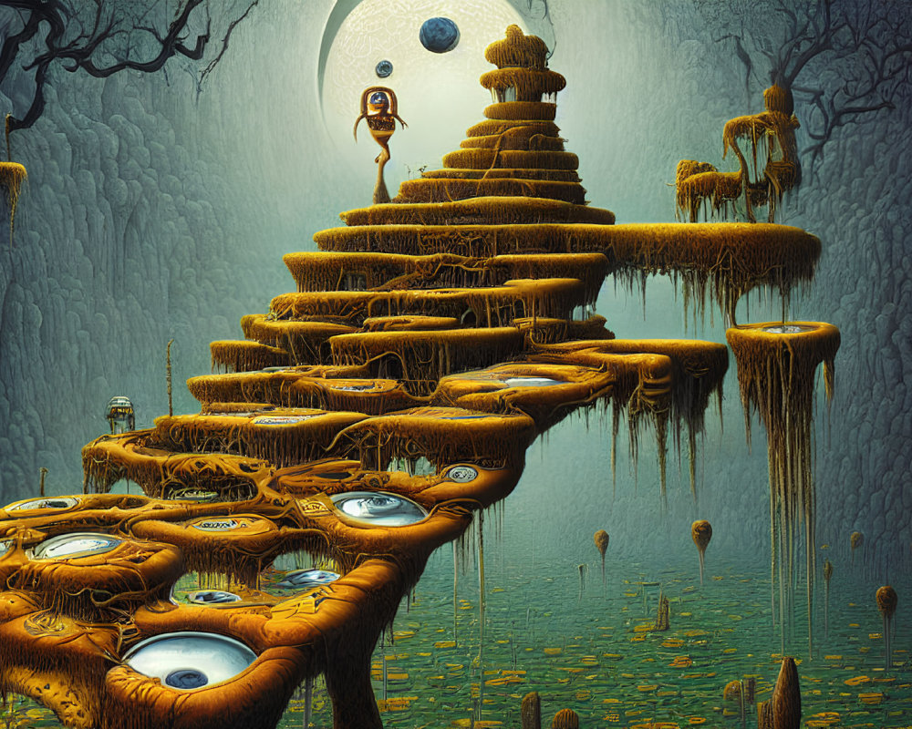 Surreal landscape with spiraling staircase, eyes, door in sky, orbs, and trees