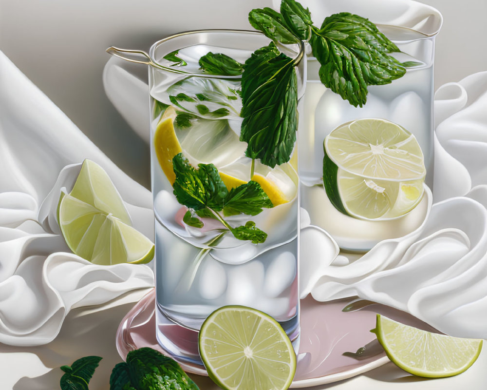 Realistic illustration: Glass of water with lemon, mint, ice on plate.