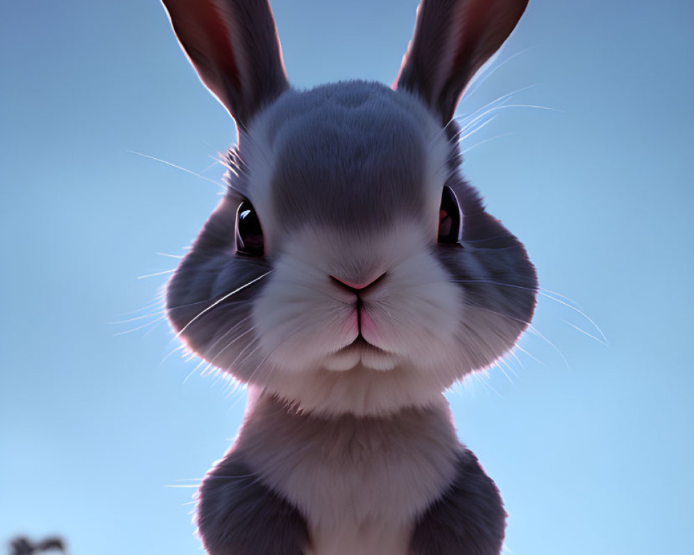 Detailed 3D-rendered rabbit with large eyes against dusk sky