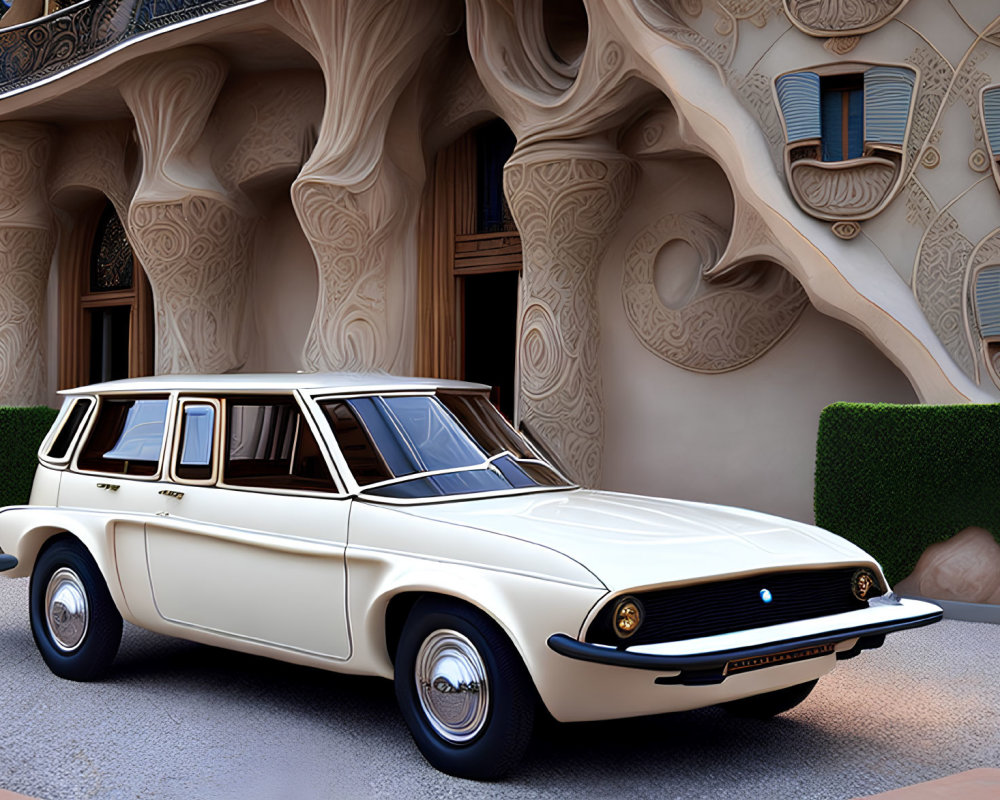 Classic White Station Wagon Parked by Ornate Building Facade