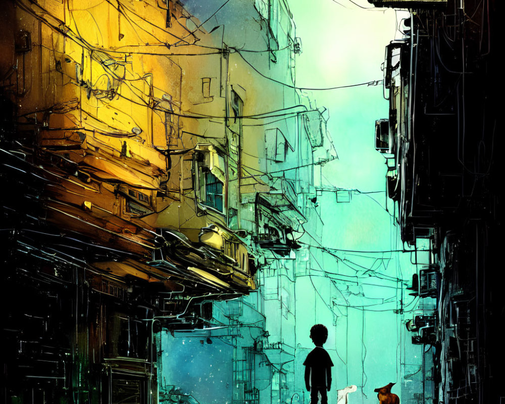 Child and dog in moody alleyway with golden and teal lighting