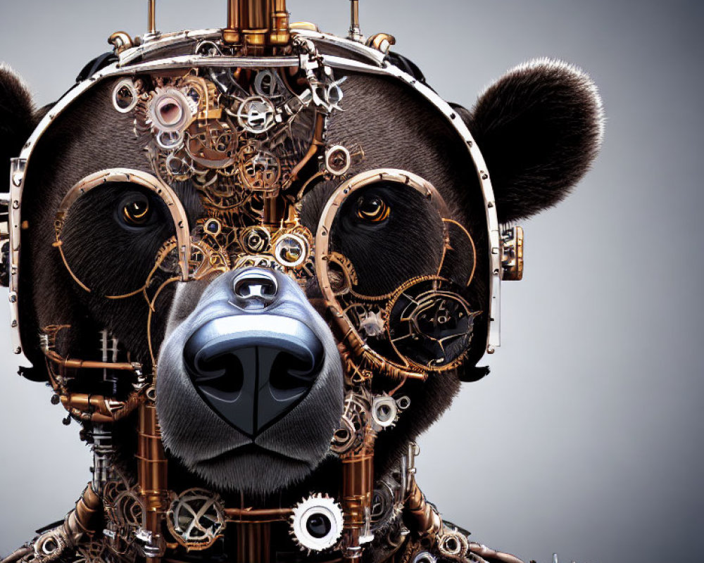 Steampunk-inspired bear with mechanical gears and copper accents