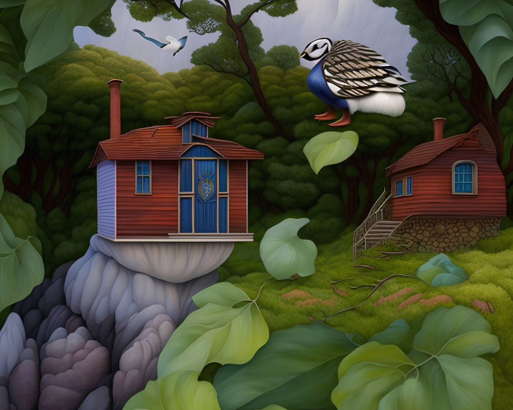 Whimsical houses on tree stumps in lush forest with bird and seagulls