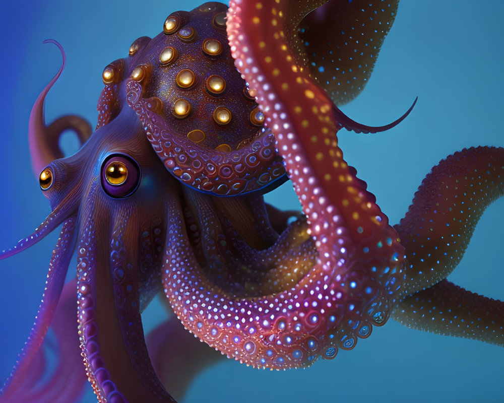 Detailed illustration of purple octopus with intricate patterns on blue background