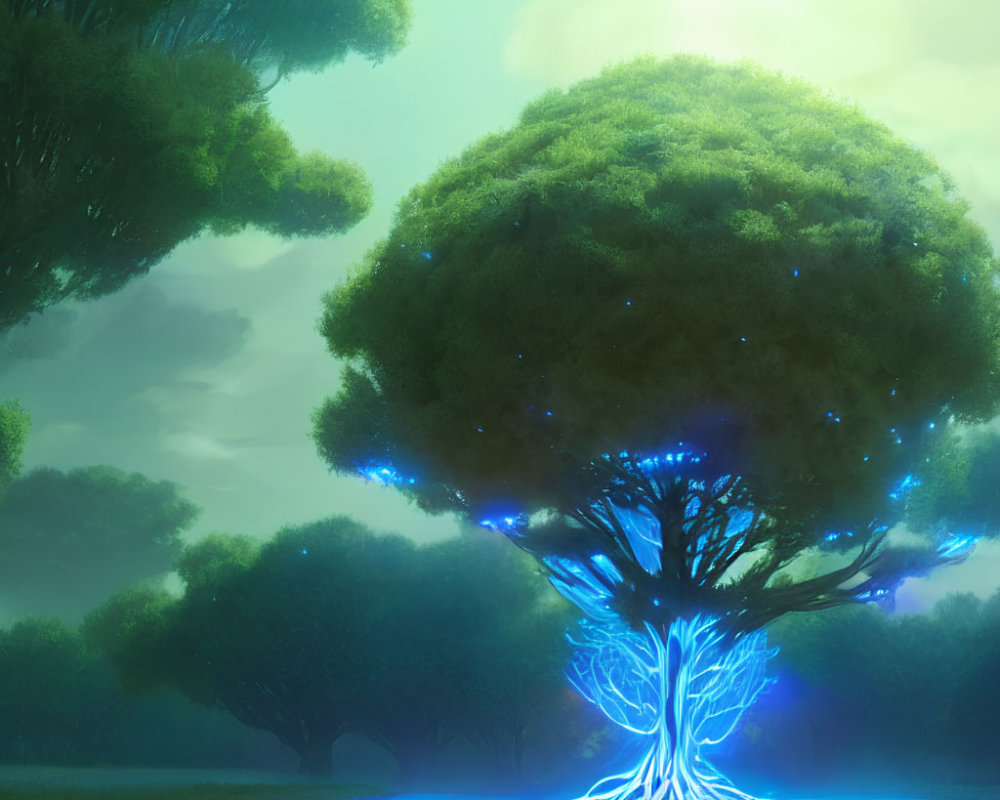 Mystical tree with blue trunk in lush forest under glowing sunlight