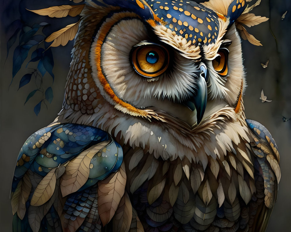 Vibrant owl art with intricate feathers and orange eyes amid butterfly motif