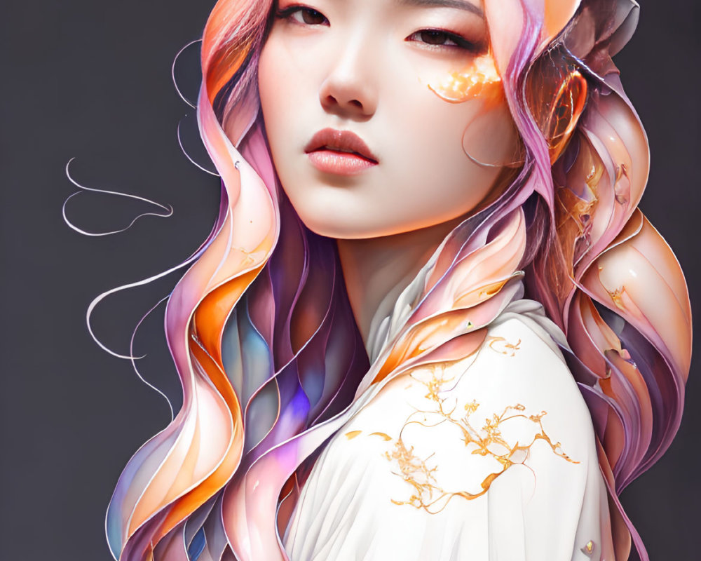 Digital artwork: Woman with pastel multi-colored hair, white garment, gold accents, serene expression,