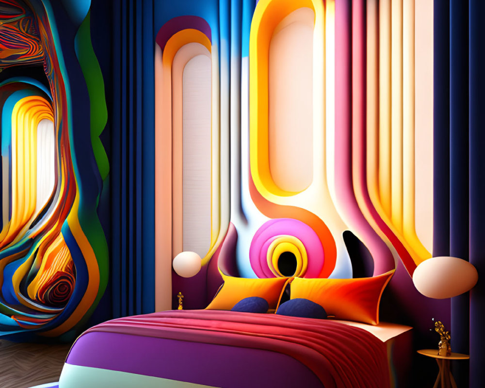 Colorful Psychedelic Bedroom with Swirling Patterns and Abstract Art