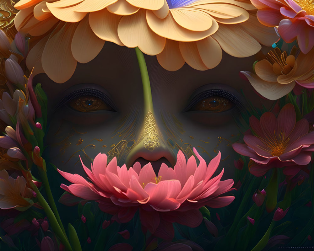 Face camouflaged among vibrant flowers with petals for cheeks and golden, shimmering eyes surrounded by bloss