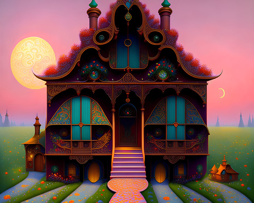 Colorful Fantasy House with Moonlit Sky & Ornate Designs