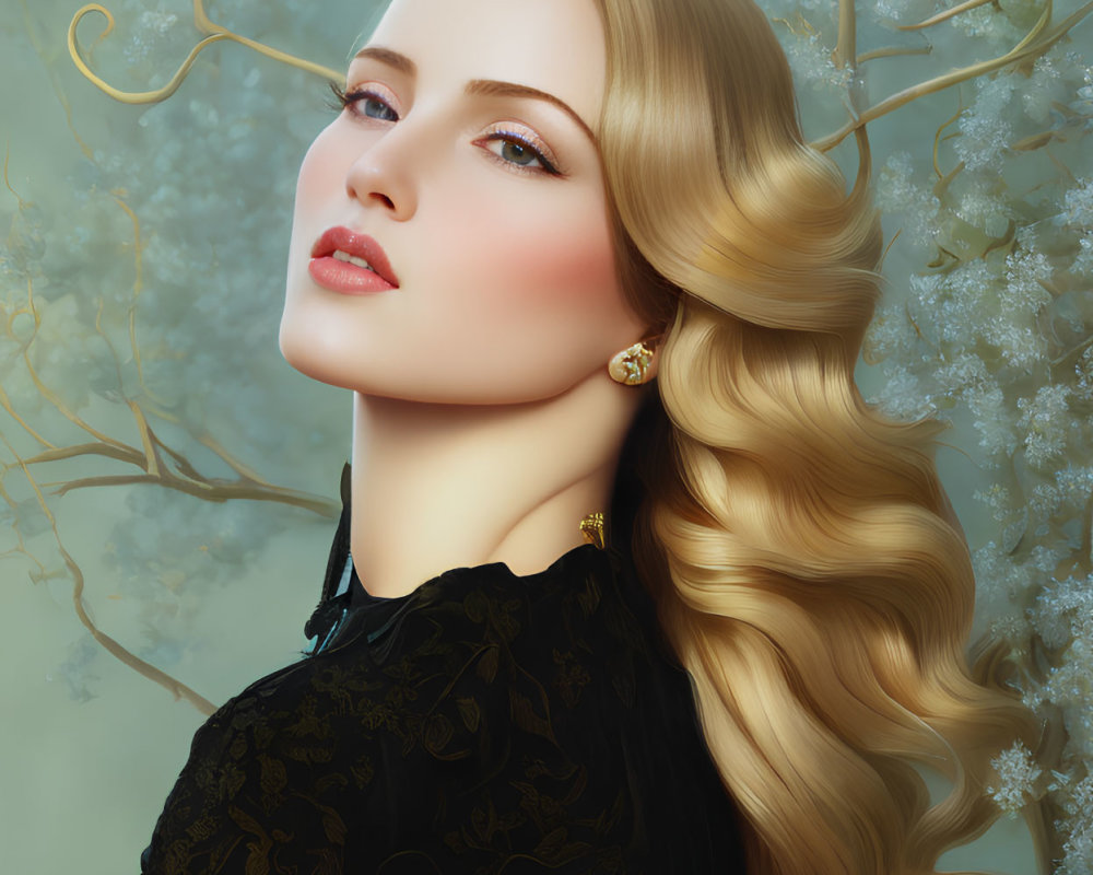 Blonde woman portrait in black lace attire with floral background