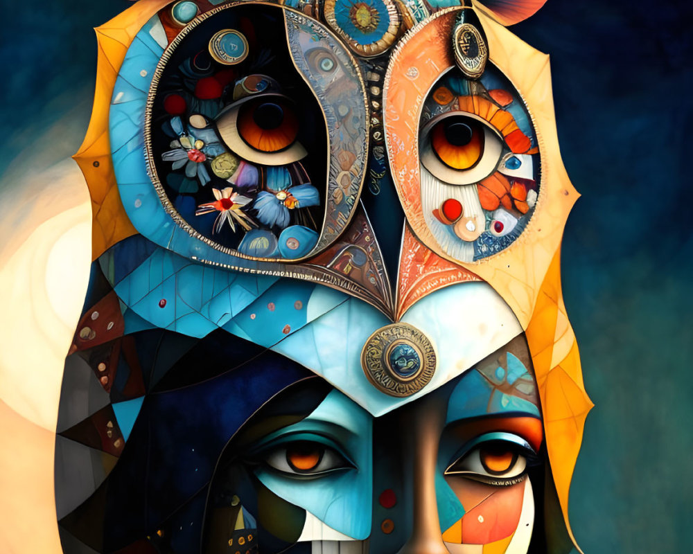 Colorful surreal portrait of a woman with ornate owl mask in evening landscape