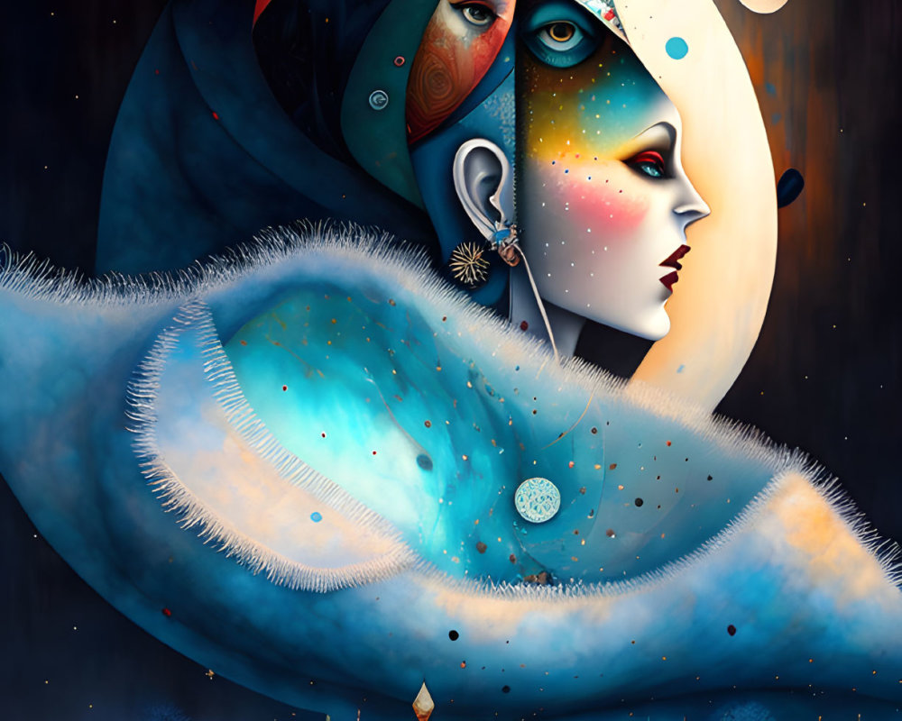 Surreal artwork: woman's face merges with moon over starry sky & village reflection.