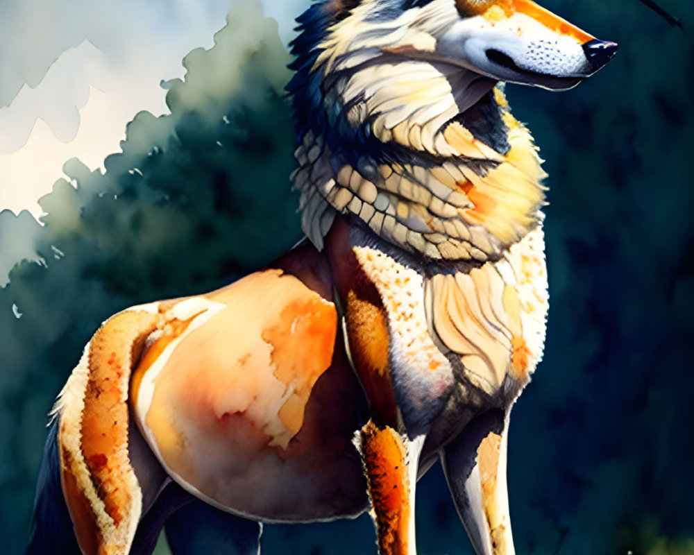 Detailed anthropomorphic fox in natural setting with orange, white, and black fur.