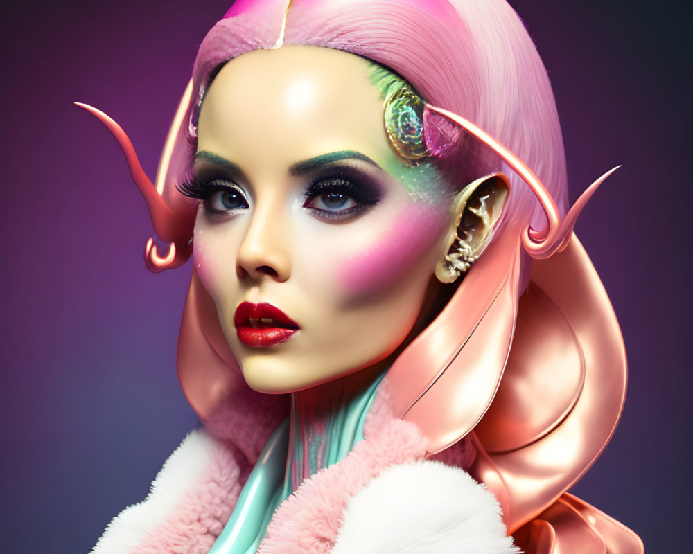 Futuristic female figure with pink and blonde hair and metallic skin on purple backdrop