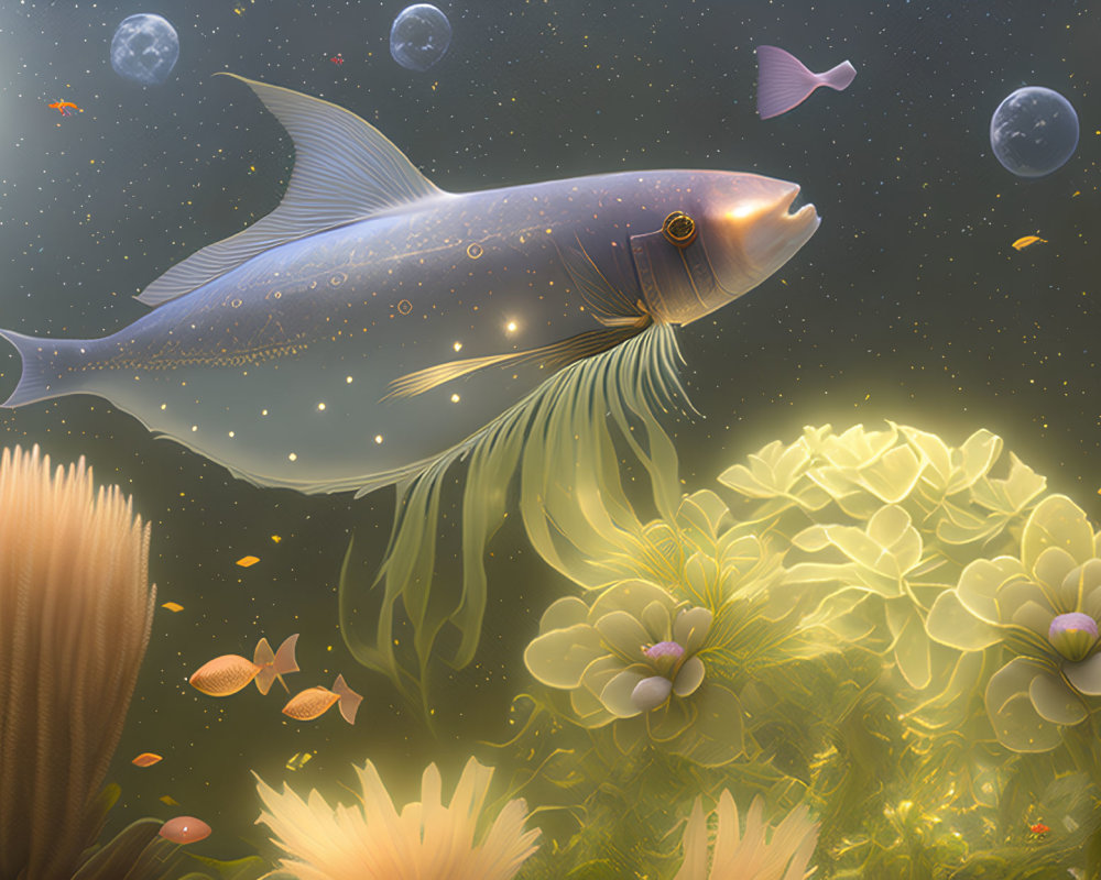 Mystical underwater digital artwork with ethereal fish and glowing orbs