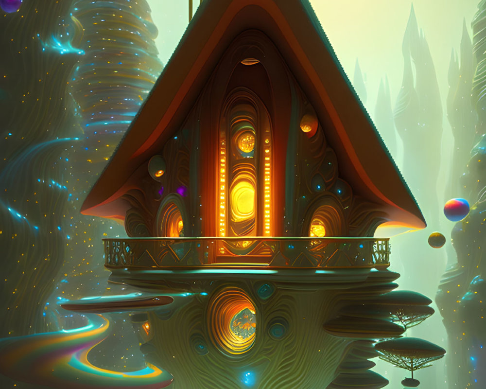 Fantastical Floating Structure Amid Glowing Spires and Orbs